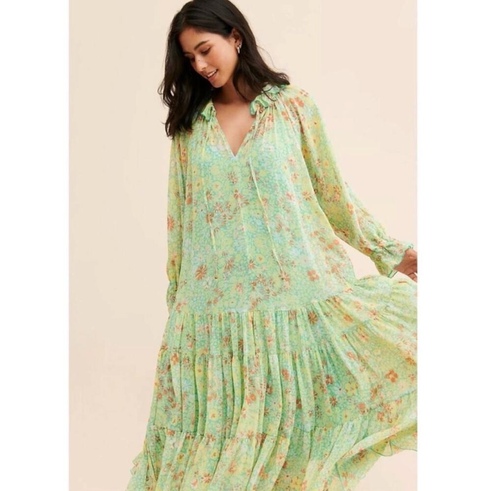 Free People Feeling Groovy Maxi Dress Size Medium 70s Chartreuse Floral Bohemian - Picture 14 of 16